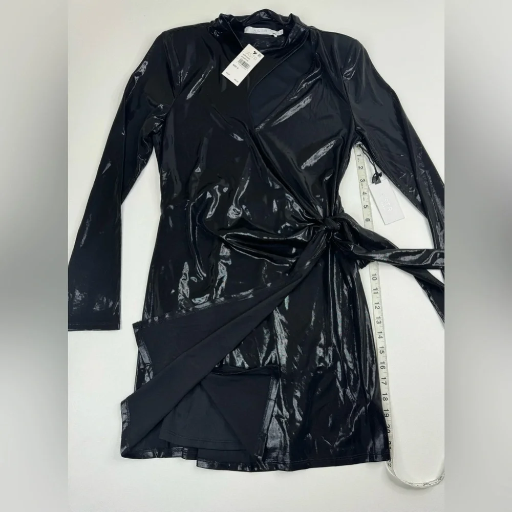 NWT ASTR The Cut Out Patent Long Sleeve Faux Wrap Mini Dress Small - Picture 9 of 16